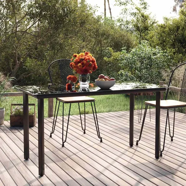 Table à dîner de jardin Noir 200x100x74cm Acier et verre trempé