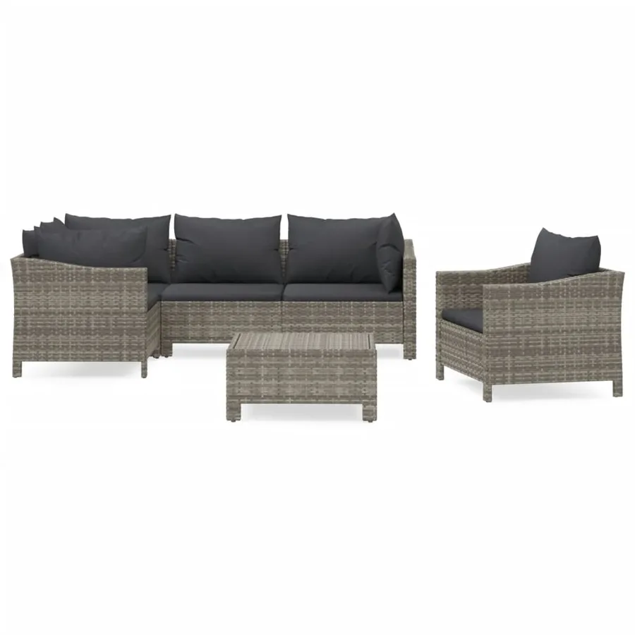 Salon de jardin 6 pcs avec coussins Gris Résine tressée - 2