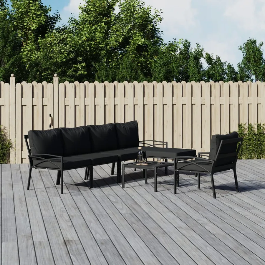 Salon de jardin 7 pcs avec coussins gris bambou acier