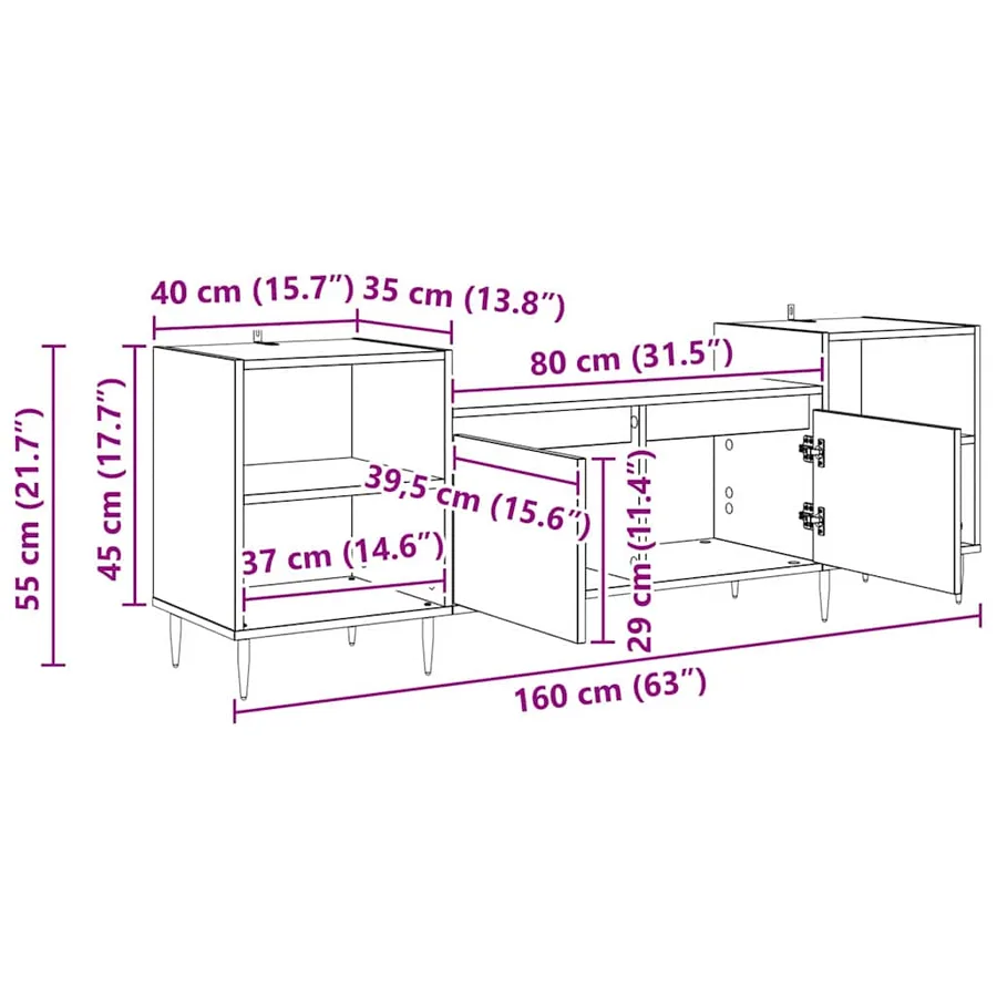 Meuble TV Chêne noir 160 x 35 x 55 cm Bois d'ingénierie - 11