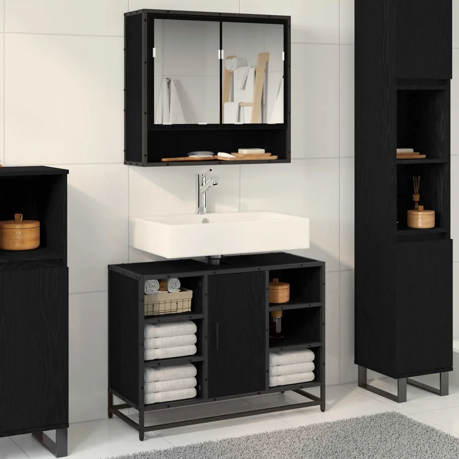 Cabinet de salle de bain avec porte Chêne noir 80 x 33 x 60 cm