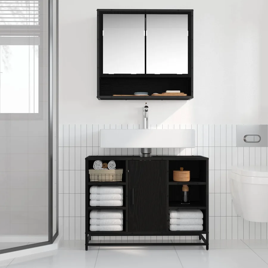 Cabinet de salle de bain avec porte Chêne noir 80 x 33 x 60 cm - 4