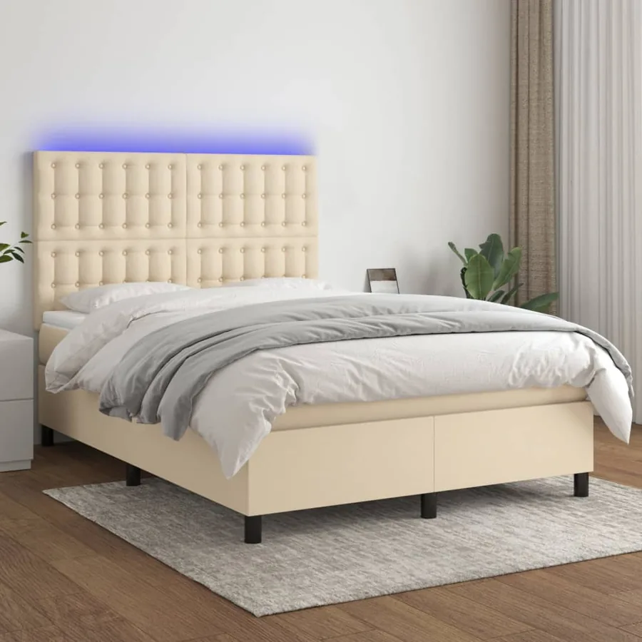 Sommier à lattes de lit et matelas et LED Crème 140x200cm Tissu