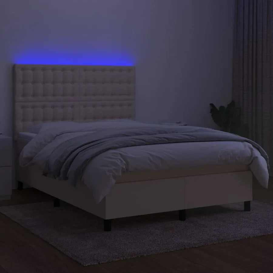Sommier à lattes de lit et matelas et LED Crème 140x200cm Tissu - 4