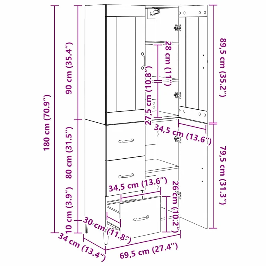 Haut Armoire Bois Ancien 69,5 x 34 x 180 cm Bois d'ingénierie - 15
