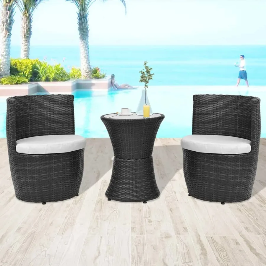 Mobilier de bistro 3 pcs avec coussins Résine tressée Noir