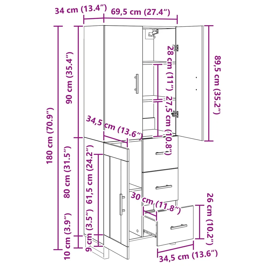 Haut Armoire avec tiroir 2 pcs Chêne noir 69,5 x 34 x 180 cm - 15