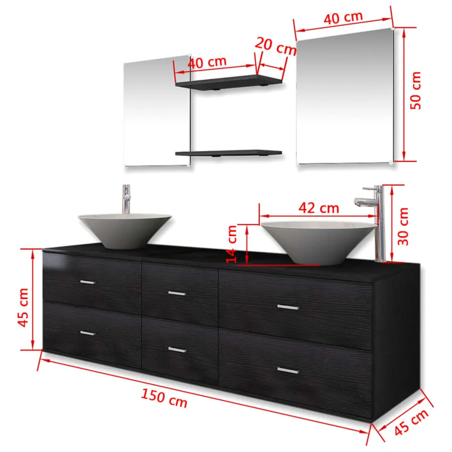 Meubles de salle de bain 9 pcs avec lavabo et robinet Noir - 11