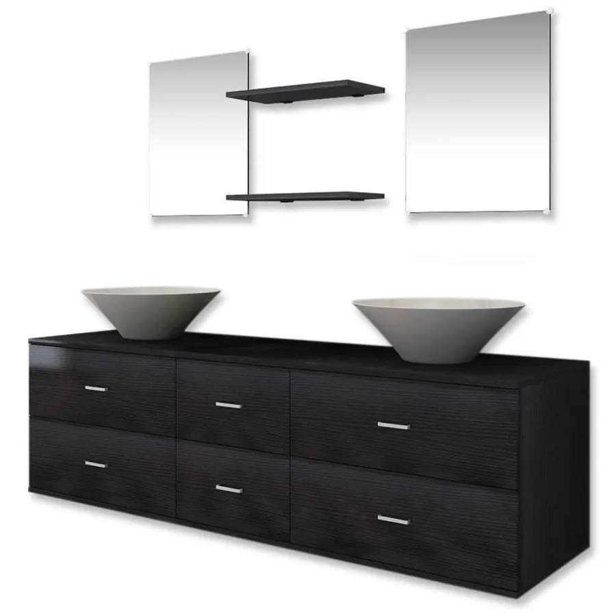 Meubles de salle de bain 9 pcs avec lavabo et robinet Noir - 4