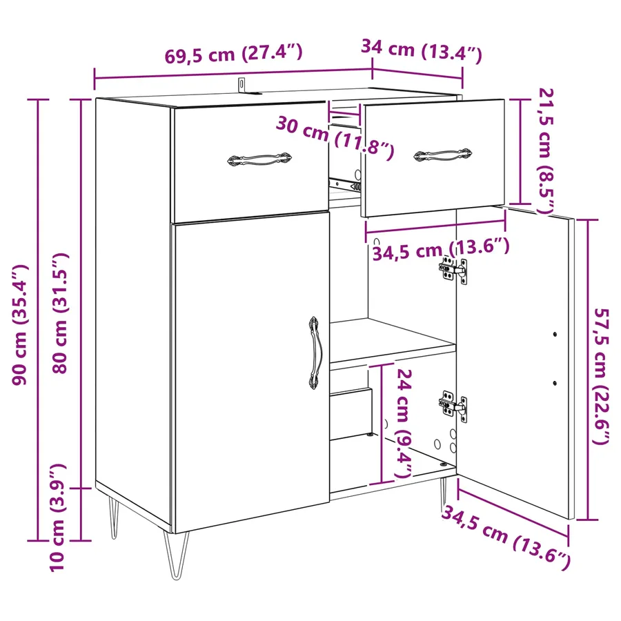 Buffet Chêne noir 69,5 x 34 x 90 cm Bois d'ingénierie - 12