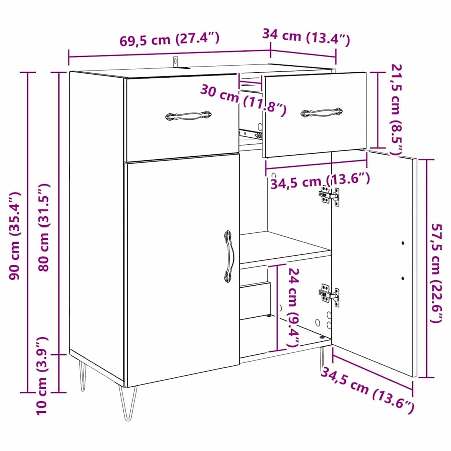 Buffet Chêne noir 69,5 x 34 x 90 cm Bois d'ingénierie - 13