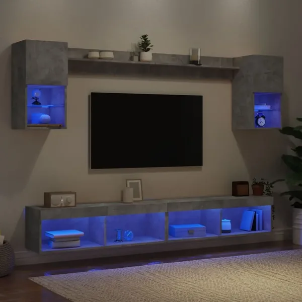 Unités murales TV avec LED 6 pcs gris béton bois d'ingénierie