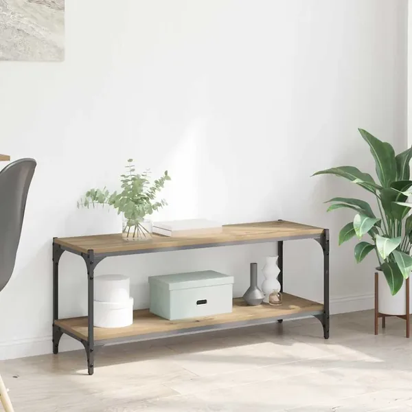 Meuble TV 2 niveaux 100x33x41cm Bois d'ingénierie et fer
