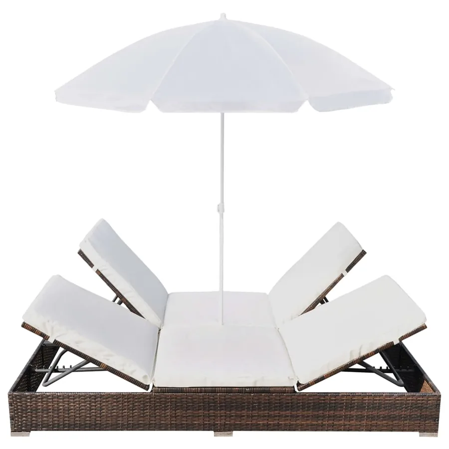 Outdoor Sun Lounger with Parasol Poly Rattan Brown - 4
