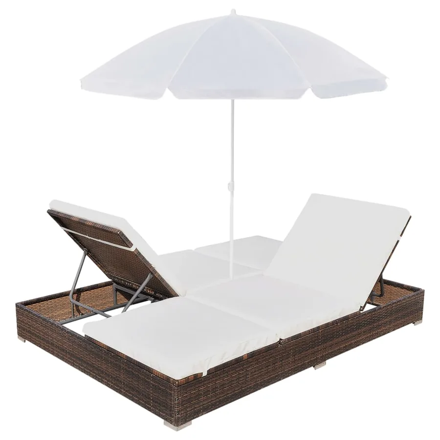 Chaise longue d'extérieur avec parasol Résine tressée Marron - 5