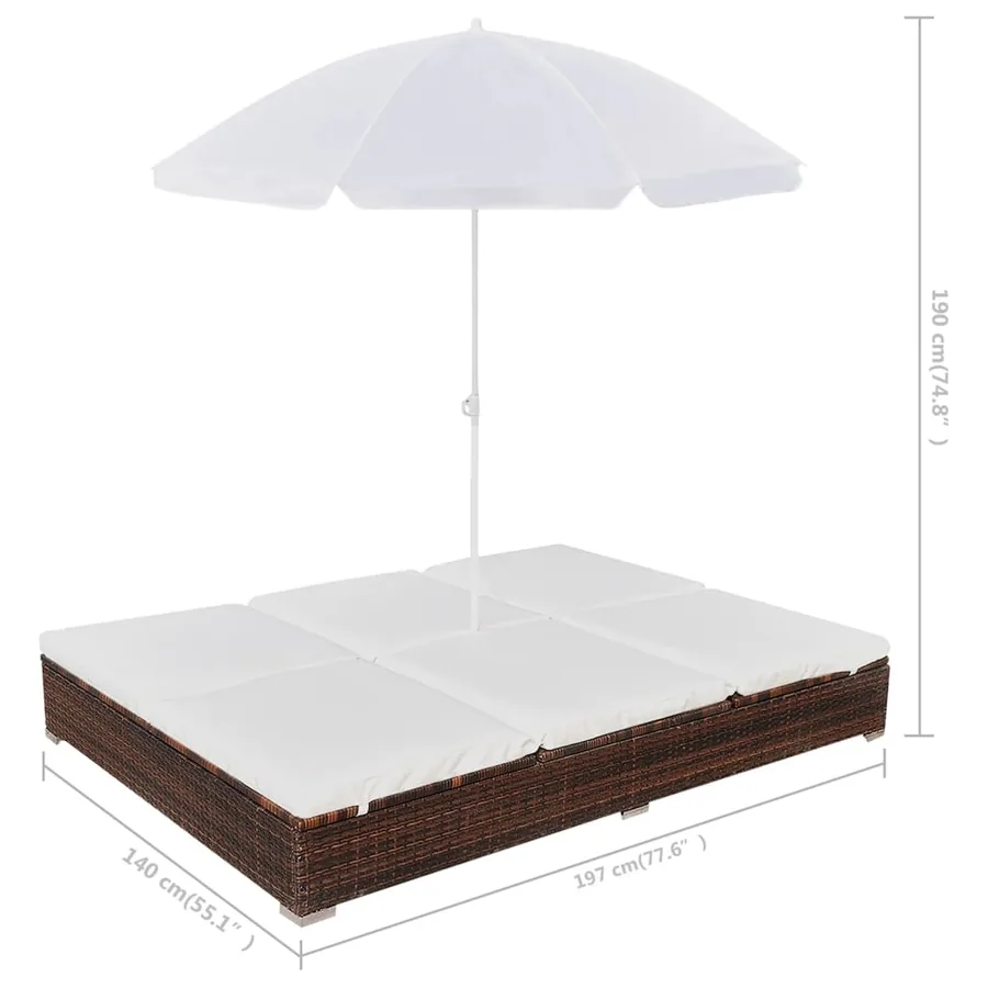 Outdoor Sun Lounger with Parasol Poly Rattan Brown - 8