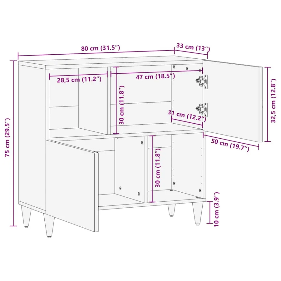 Buffet avec étagère Noir 80 x 33 x 75 cm Bois de mangue massif - 12