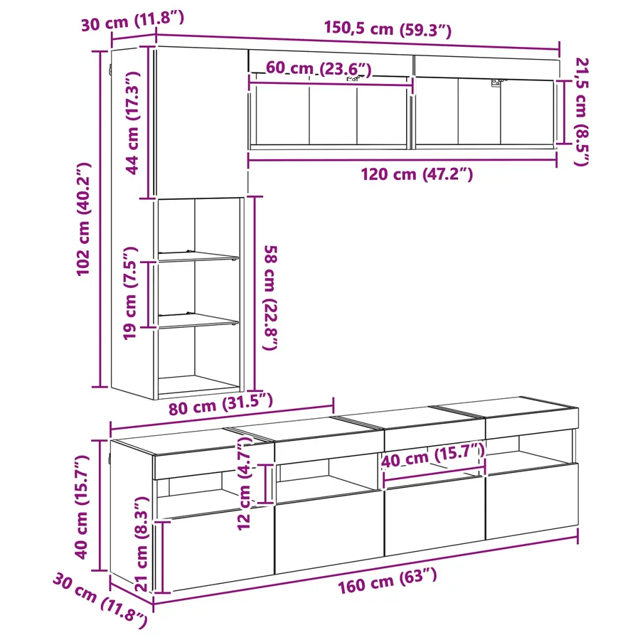 Meuble TV avec LED 7 pcs Chêne noir Bois d'ingénierie - 16