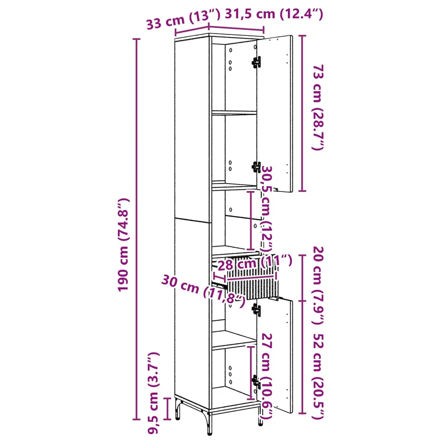 Cabinet de salle de bain Chêne Sonoma 31,5 x 33 x 190 cm - 15