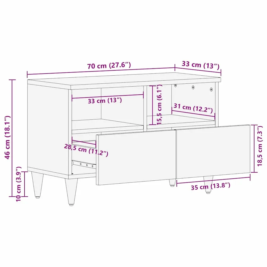 Meuble TV Noir 70 x 33 x 46 cm Bois de mangue massif - 11