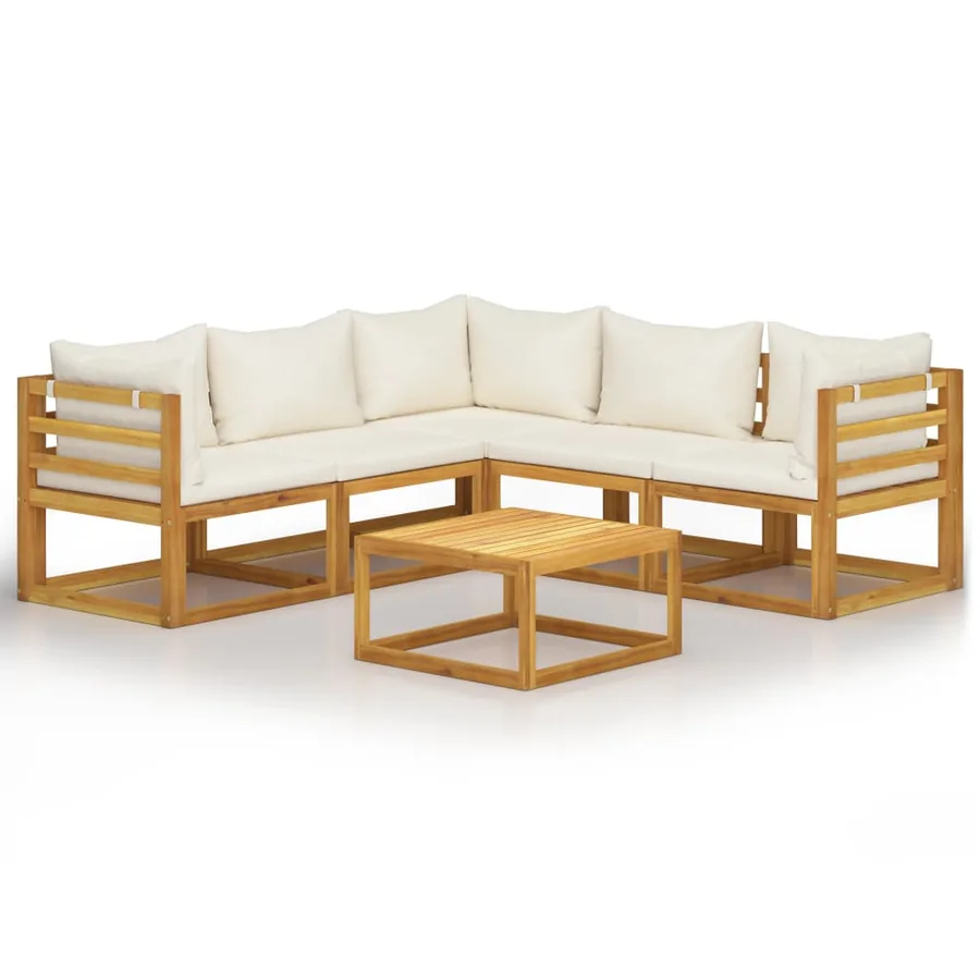 Salon de jardin 6 pcs avec coussin Crème Bois d'acacia solide - 2