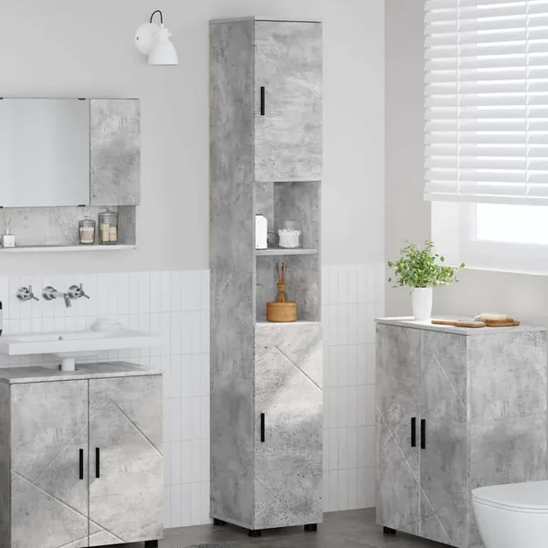 Cabinet de salle de bain avec porte Gris béton 30 x 35 x 192 cm