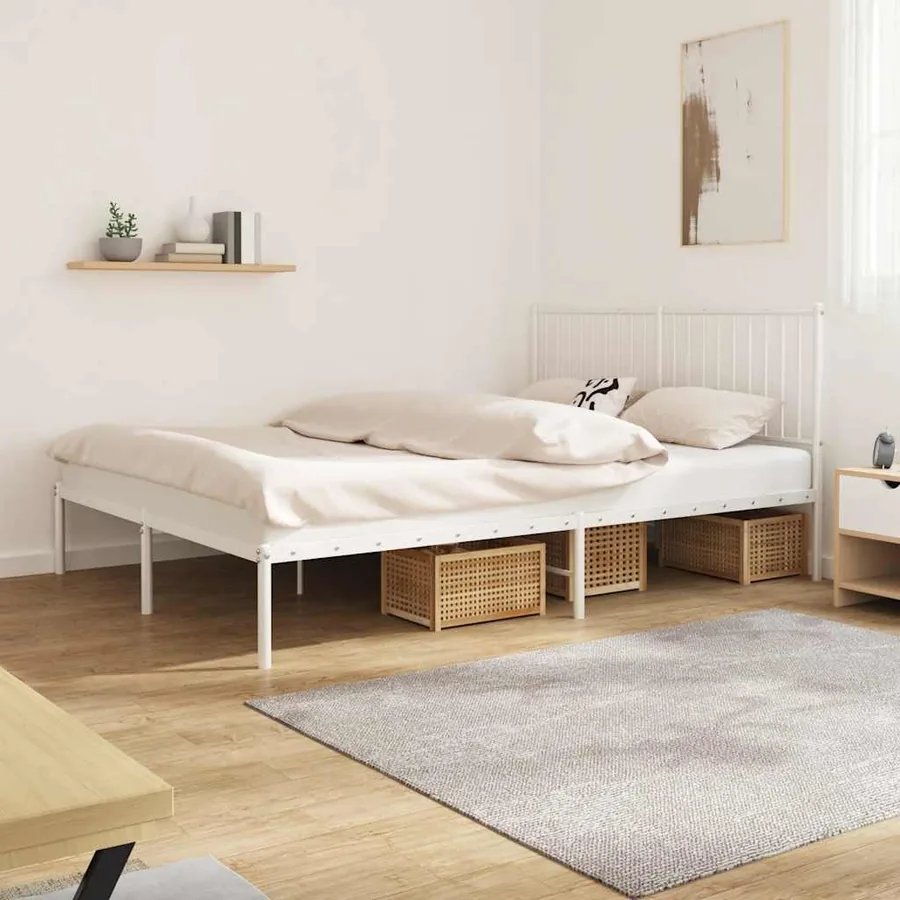 Cadre de lit métal sans matelas et tête de lit blanc 160x200 cm