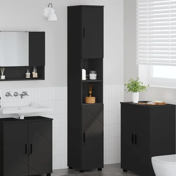 Cabinet de salle de bain avec stockage Noir 30 x 35 x 192 cm