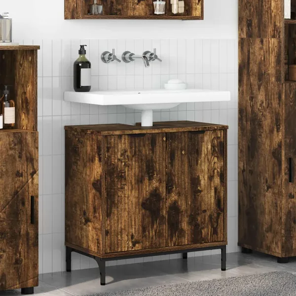 Meuble de Lavabo de Salle de Bain avec stockage Chêne fumé