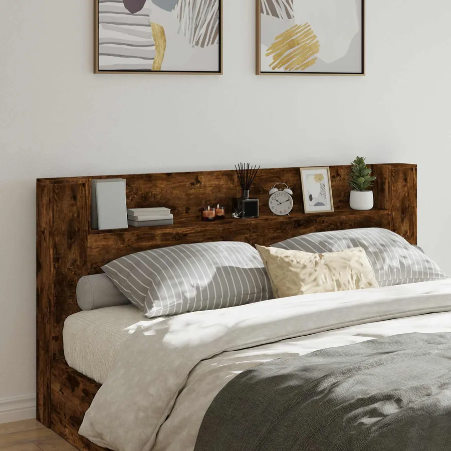 Tête de lit de rangement avec LED Chêne fumé Bois d'ingénierie