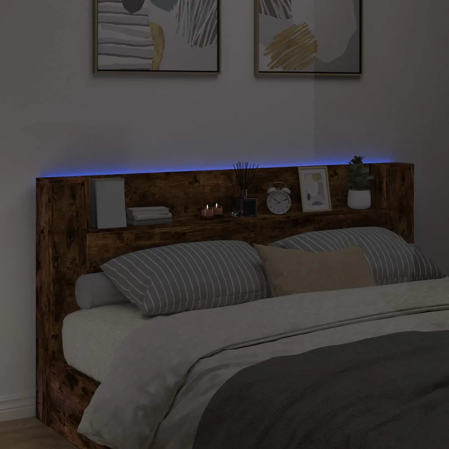 Tête de lit de rangement avec LED Chêne fumé Bois d'ingénierie - 4