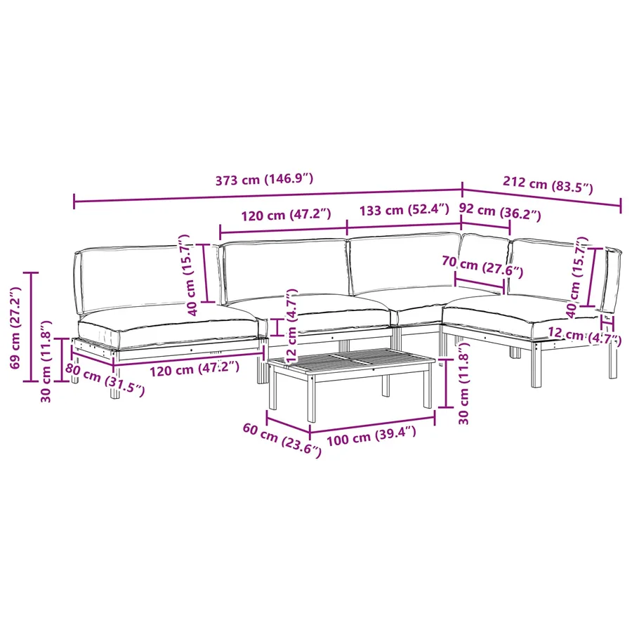 Ensemble de Canapés Uni 5 pcs Anthracite Bois d'Acacia Massif - 19