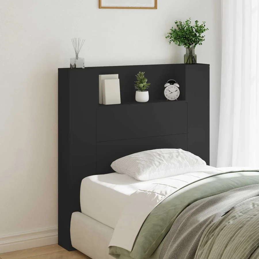 Tête de lit de rangement avec LED Noir Bois d'ingénierie