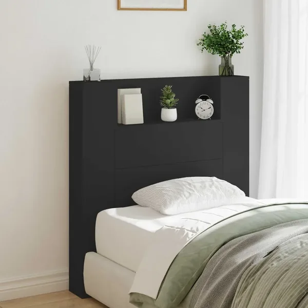 Tête de lit de rangement avec LED Noir Bois d'ingénierie