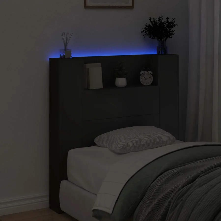 Tête de lit de rangement avec LED Noir Bois d'ingénierie - 4