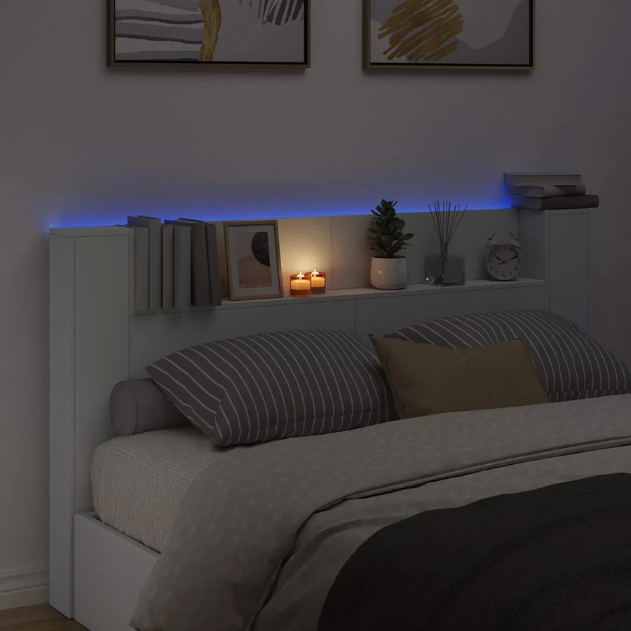 Tête de lit de rangement avec LED Blanc Bois d'ingénierie - 4
