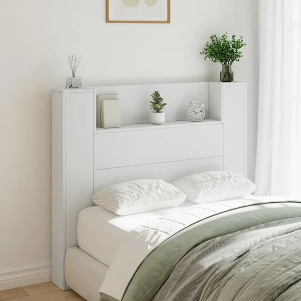 Tête de lit de rangement avec LED Blanc Bois d'ingénierie