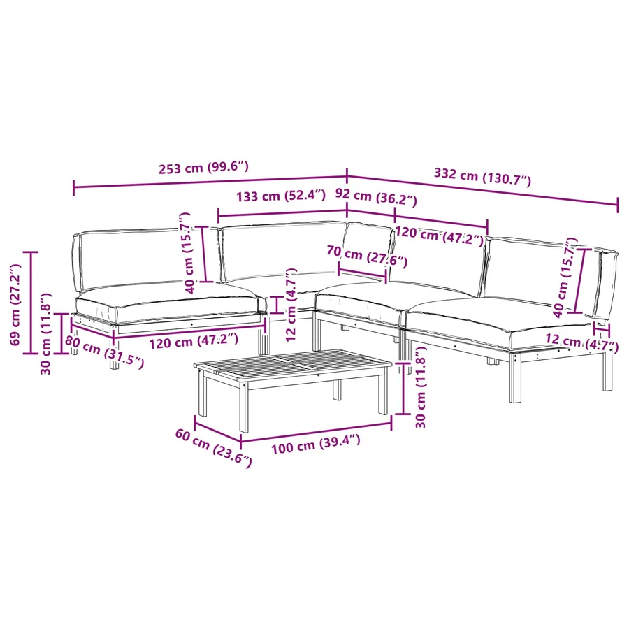Ensemble de Canapés Uni 5 pcs Gris Bois d'Acacia Massif - 19