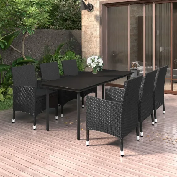 Ensemble à manger de jardin coussins 7 pcs Résine tressée Verre