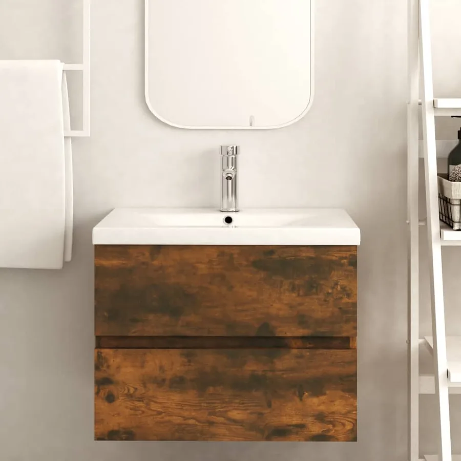 Armoire de lavabo Chêne fumé 60x38,5x45 cm Bois d'ingénierie - 6