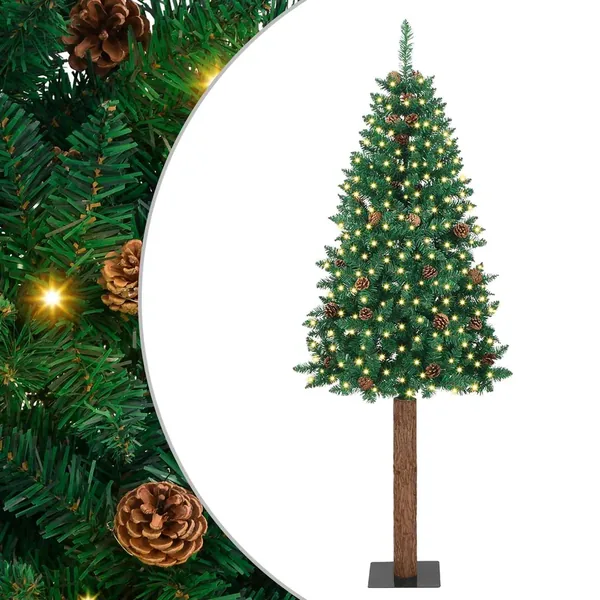 Sapin de Noël mince Vert 210 cm PVC et bois de pin massif
