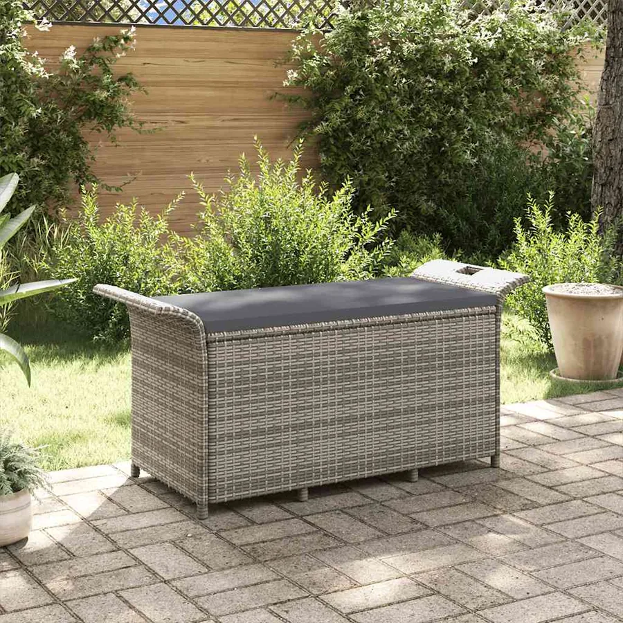 Banc de jardin avec coussin gris 116x46x57 cm résine tressée