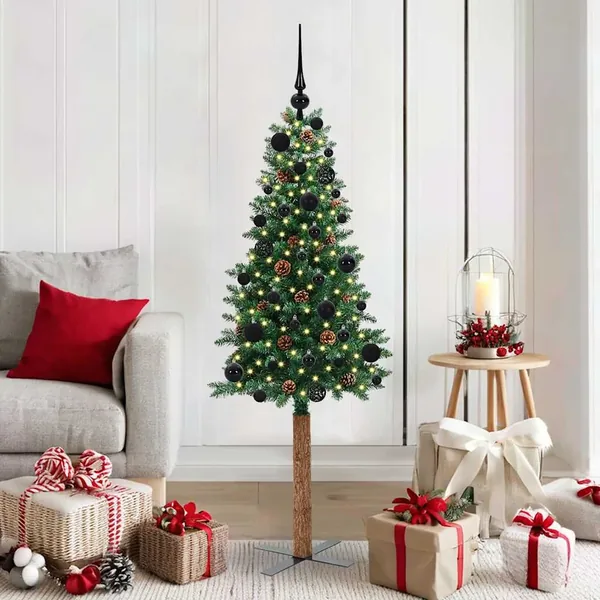 Sapin de Noël mince Vert 150 cm PVC et bois de pin massif