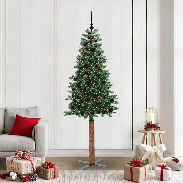 Sapin de Noël mince Vert 210 cm PVC et bois de pin massif
