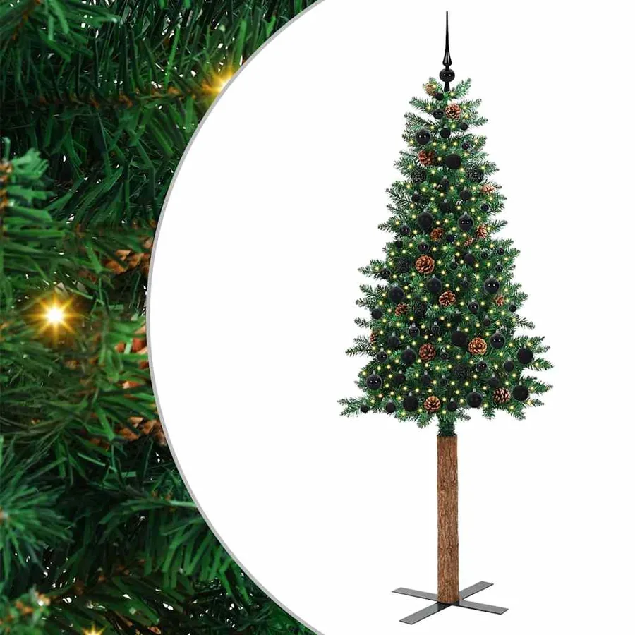Sapin de Noël mince Vert 210 cm PVC et bois de pin massif - 2