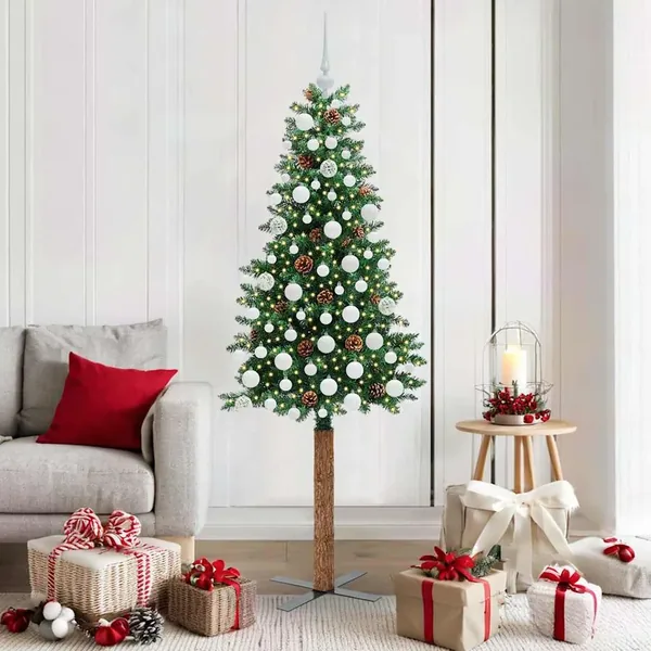 Sapin de Noël mince Vert 180 cm PVC et bois de pin massif