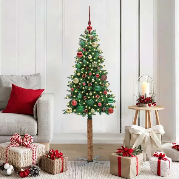 Sapin de Noël mince Vert 150 cm PVC et bois de pin massif