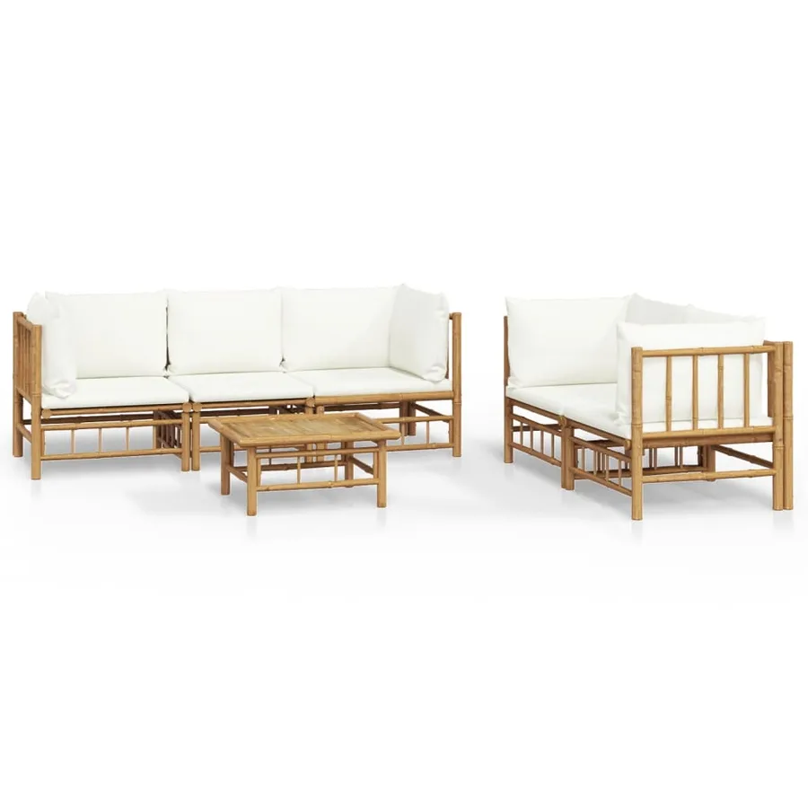 Salon de jardin 6 pcs avec coussins blanc crème bambou - 2