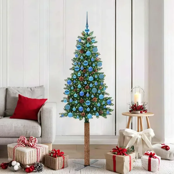 Sapin de Noël mince Vert 180 cm PVC et bois de pin massif