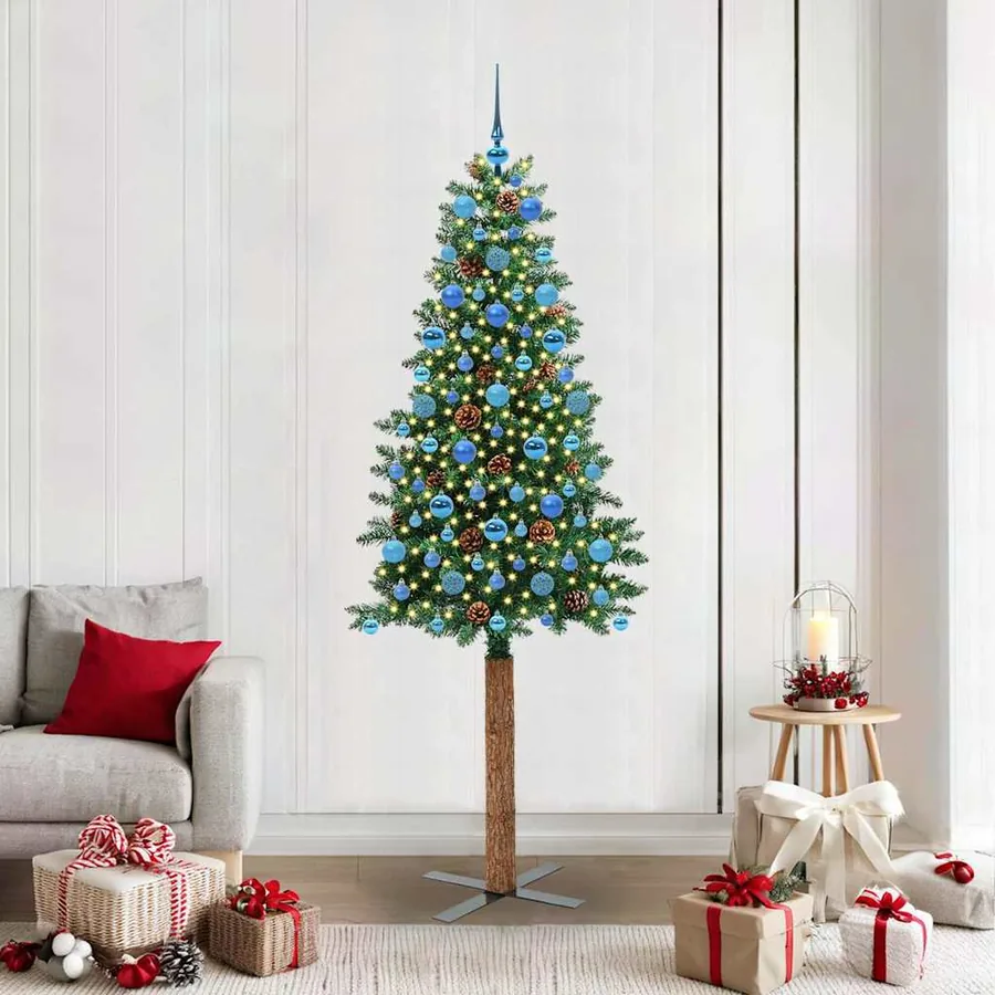 Sapin de Noël mince Vert 210 cm PVC et bois de pin massif